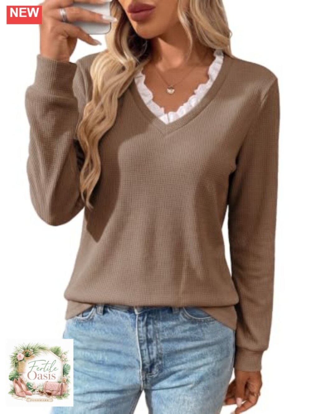 Womens Lace V Neck Waffle Knit Long Sleeve Blouse Cute Fall Tops